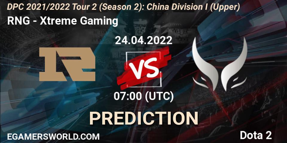 RNG - Xtreme Gaming: Maç tahminleri. 24.04.2022 at 07:03, Dota 2, DPC 2021/2022 Tour 2 (Season 2): China Division I (Upper)