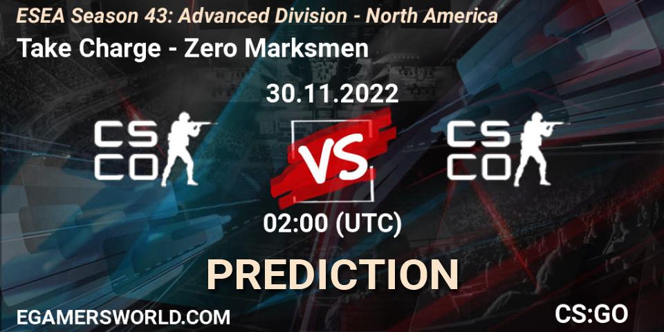 Take Charge - Zero Marksmen: Maç tahminleri. 30.11.2022 at 02:00, Counter-Strike (CS2), ESEA Season 43: Advanced Division - North America
