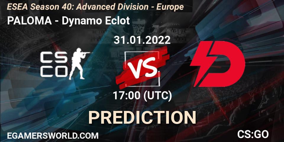 PALOMA - Dynamo Eclot: Maç tahminleri. 31.01.22, CS2 (CS:GO), ESEA Season 40: Advanced Division - Europe