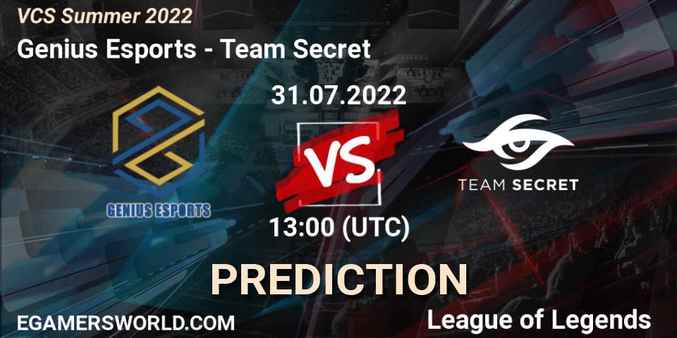 Genius Esports - Team Secret: Maç tahminleri. 31.07.2022 at 12:00, LoL, VCS Summer 2022