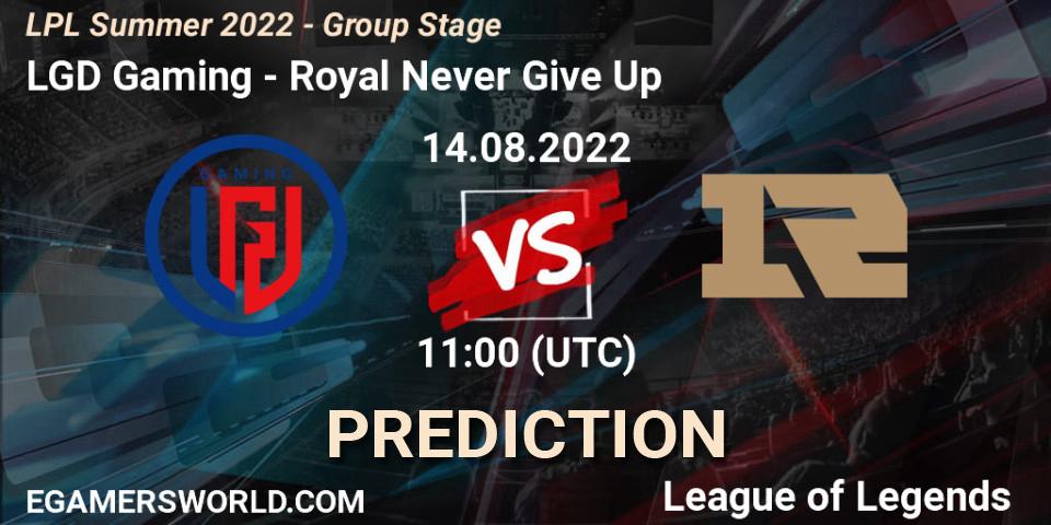 LGD Gaming - Royal Never Give Up: Maç tahminleri. 14.08.22, LoL, LPL Summer 2022 - Group Stage