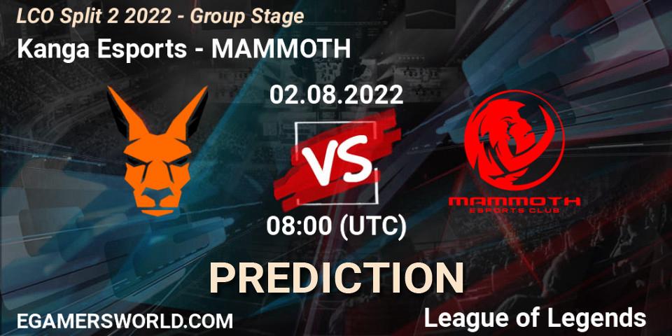 Kanga Esports - MAMMOTH: Maç tahminleri. 02.08.2022 at 08:00, LoL, LCO Split 2 2022 - Group Stage