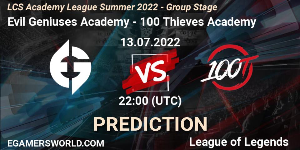 Evil Geniuses Academy - 100 Thieves Academy: Maç tahminleri. 13.07.2022 at 22:00, LoL, LCS Academy League Summer 2022 - Group Stage