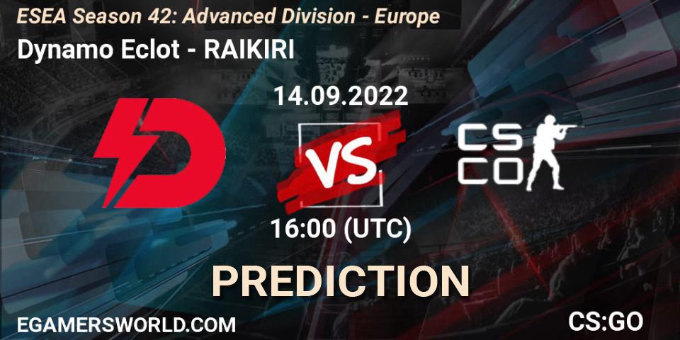 Dynamo Eclot - RAIKIRI: Maç tahminleri. 14.09.2022 at 16:00, Counter-Strike (CS2), ESEA Season 42: Advanced Division - Europe