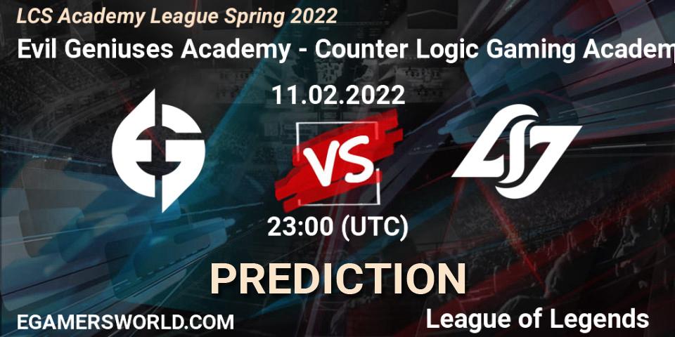 Evil Geniuses Academy - Counter Logic Gaming Academy: Maç tahminleri. 11.02.2022 at 23:00, LoL, LCS Academy League Spring 2022
