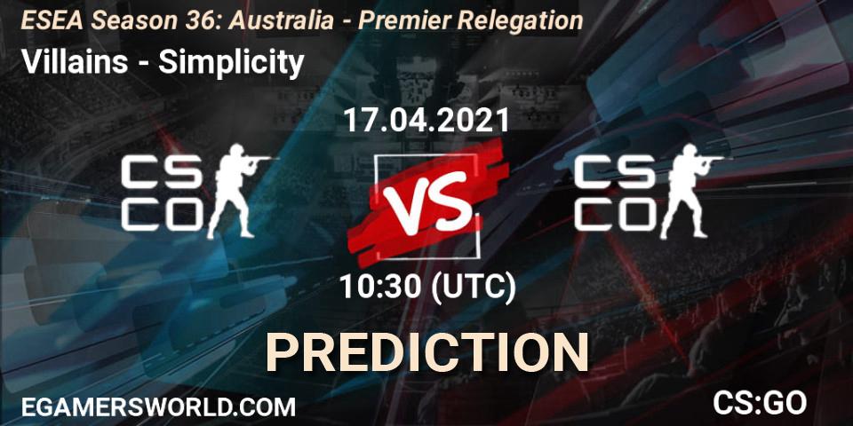 Villains - Simplicity: Maç tahminleri. 17.04.2021 at 10:30, Counter-Strike (CS2), ESEA Season 36: Australia - Premier Relegation