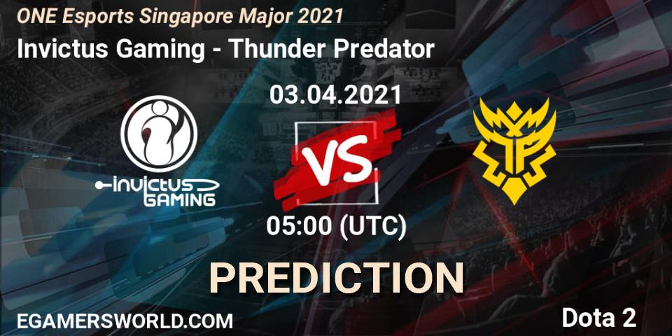 Invictus Gaming - Thunder Predator: Maç tahminleri. 03.04.2021 at 06:04, Dota 2, ONE Esports Singapore Major 2021