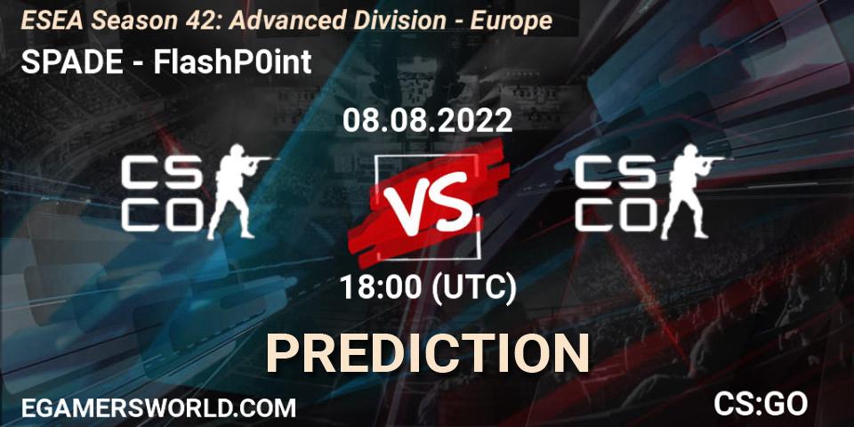 SPADE - FlashP0int: Maç tahminleri. 24.08.2022 at 15:00, Counter-Strike (CS2), ESEA Season 42: Advanced Division - Europe