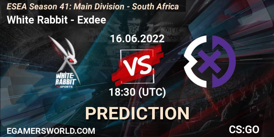 White Rabbit - Exdee: Maç tahminleri. 17.06.2022 at 18:00, Counter-Strike (CS2), ESEA Season 41: Main Division - South Africa