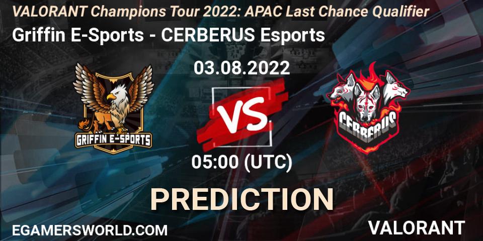 Griffin E-Sports - CERBERUS Esports: Maç tahminleri. 03.08.2022 at 05:00, VALORANT, VCT 2022: APAC Last Chance Qualifier