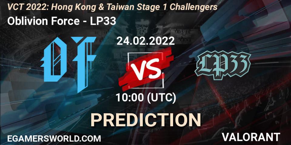 Oblivion Force - LP33: Maç tahminleri. 24.02.2022 at 10:00, VALORANT, VCT 2022: Hong Kong & Taiwan Stage 1 Challengers