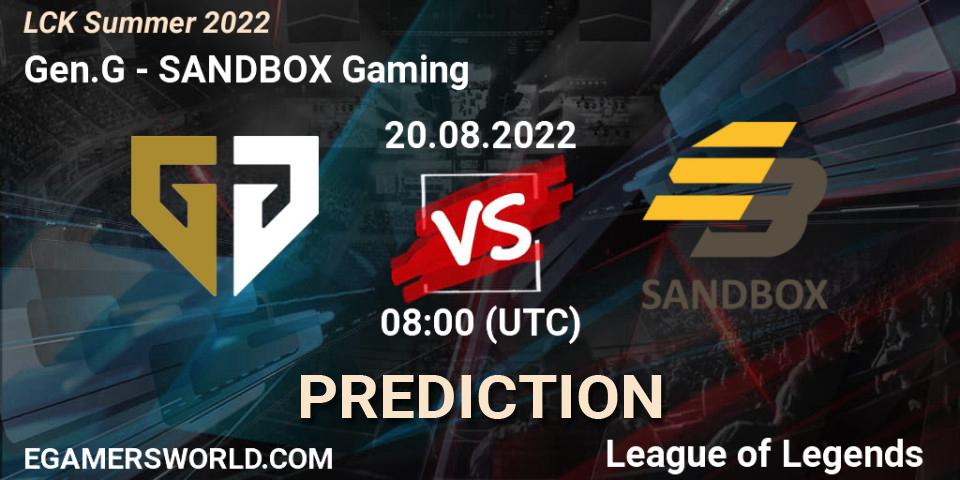 Gen.G - SANDBOX Gaming: Maç tahminleri. 20.08.2022 at 08:00, LoL, LCK Summer 2022