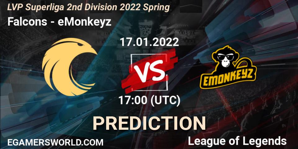 Falcons - eMonkeyz: Maç tahminleri. 18.01.2022 at 17:00, LoL, LVP Superliga 2nd Division 2022 Spring