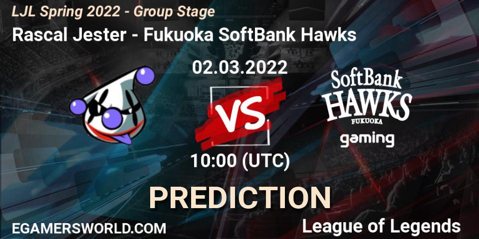 Rascal Jester - Fukuoka SoftBank Hawks: Maç tahminleri. 02.03.2022 at 10:00, LoL, LJL Spring 2022 - Group Stage