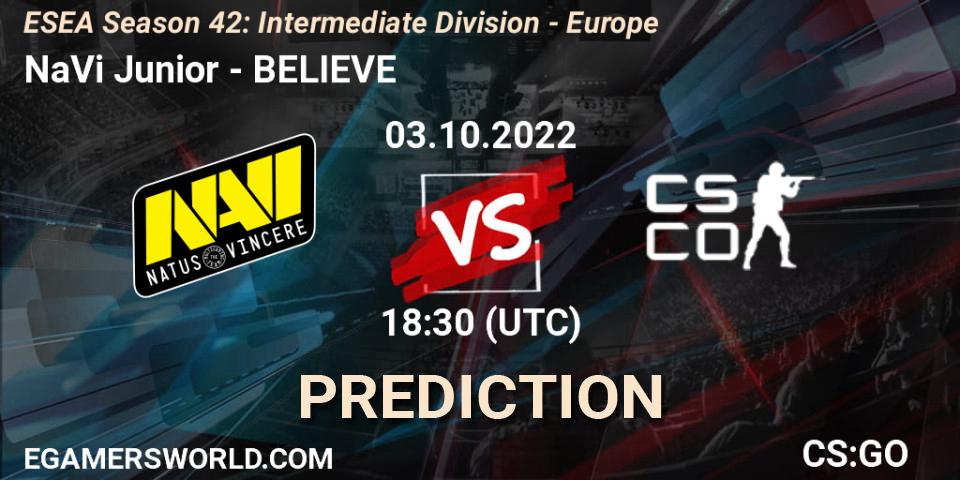 NaVi Junior - BELIEVE: Maç tahminleri. 03.10.2022 at 17:00, Counter-Strike (CS2), ESEA Season 42: Intermediate Division - Europe