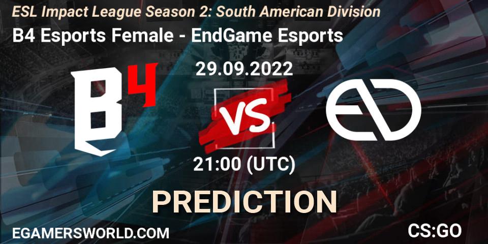 B4 Esports Female - EndGame Esports: Maç tahminleri. 29.09.2022 at 21:00, Counter-Strike (CS2), ESL Impact League Season 2: South American Division