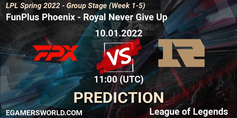 FunPlus Phoenix - Royal Never Give Up: Maç tahminleri. 10.01.2022 at 11:00, LoL, LPL Spring 2022 - Group Stage (Week 1-5)