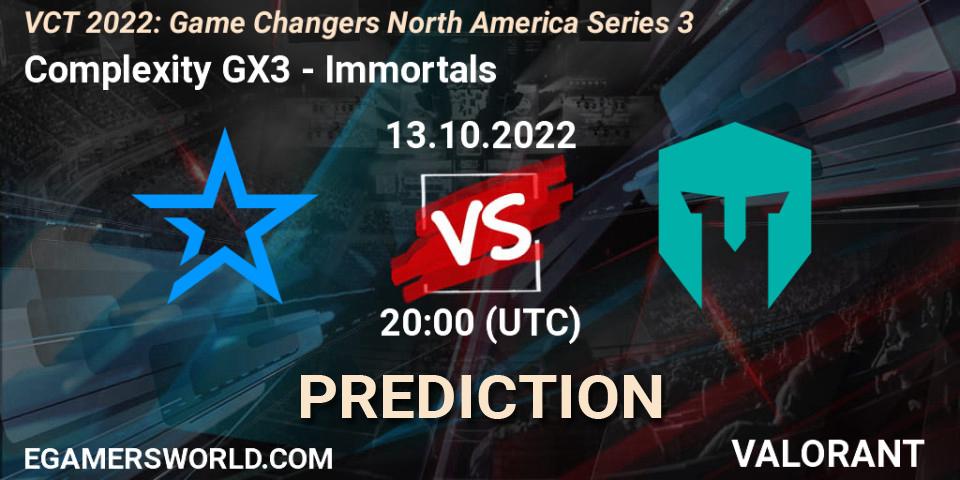 Complexity GX3 - Immortals: Maç tahminleri. 13.10.2022 at 20:10, VALORANT, VCT 2022: Game Changers North America Series 3