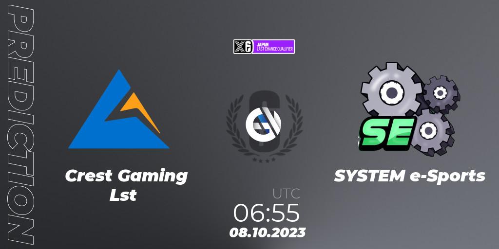 Crest Gaming Lst - SYSTEM e-Sports: Maç tahminleri. 08.10.2023 at 06:55, Rainbow Six, Japan League 2023 - Stage 2 - Last Chance Qualifiers