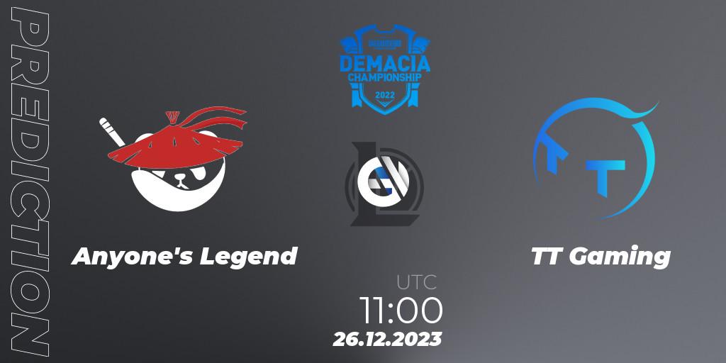 Anyone's Legend - TT Gaming: Maç tahminleri. 26.12.23, LoL, Demacia Cup 2023 Group Stage