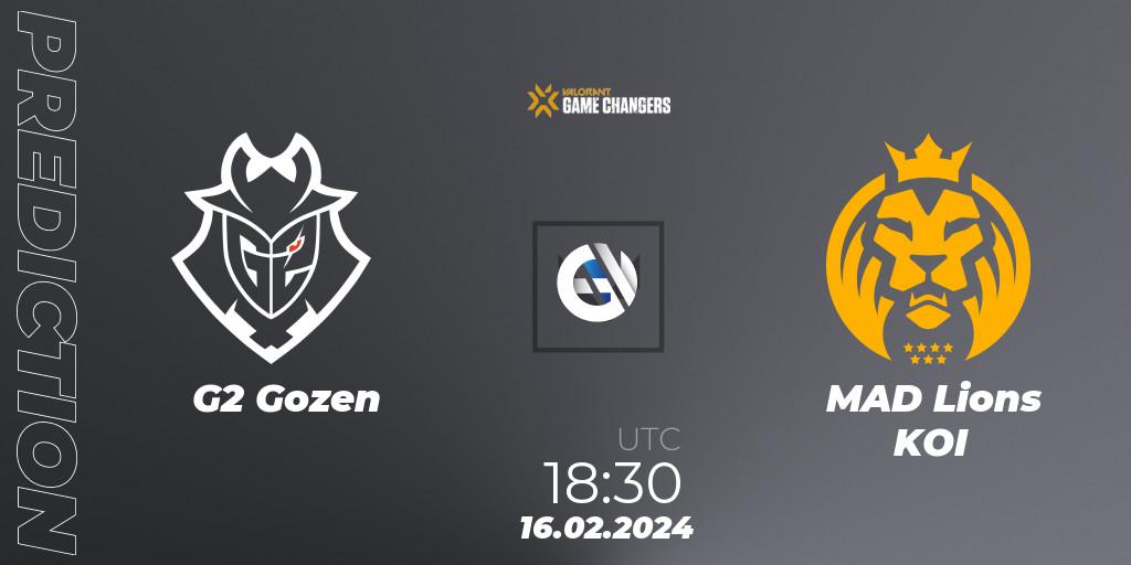 G2 Gozen - MAD Lions KOI: Maç tahminleri. 16.02.2024 at 19:10, VALORANT, VCT 2024: Game Changers EMEA Stage 1