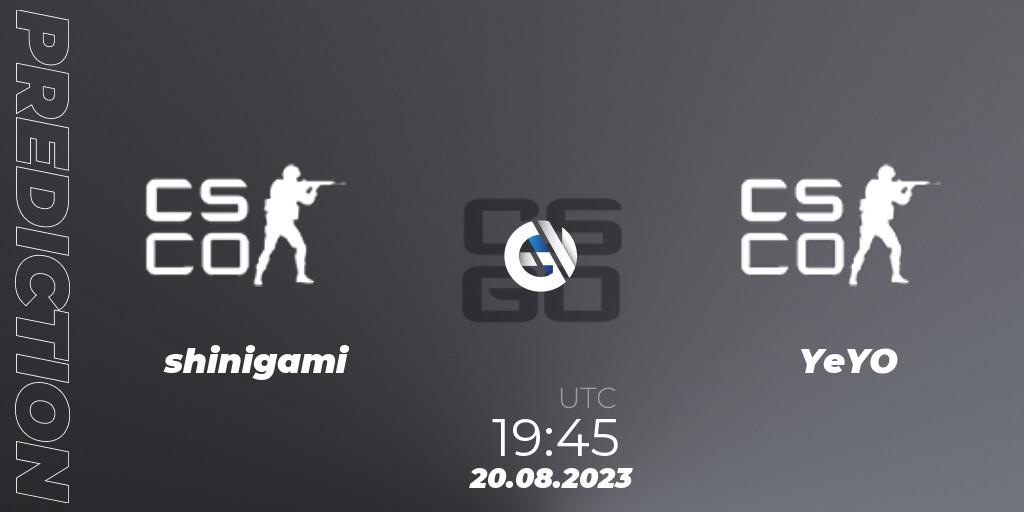 shinigami - YeYO: Maç tahminleri. 20.08.2023 at 20:00, Counter-Strike (CS2), ESL Impact League Season 4 Europe Open Qualifier 1