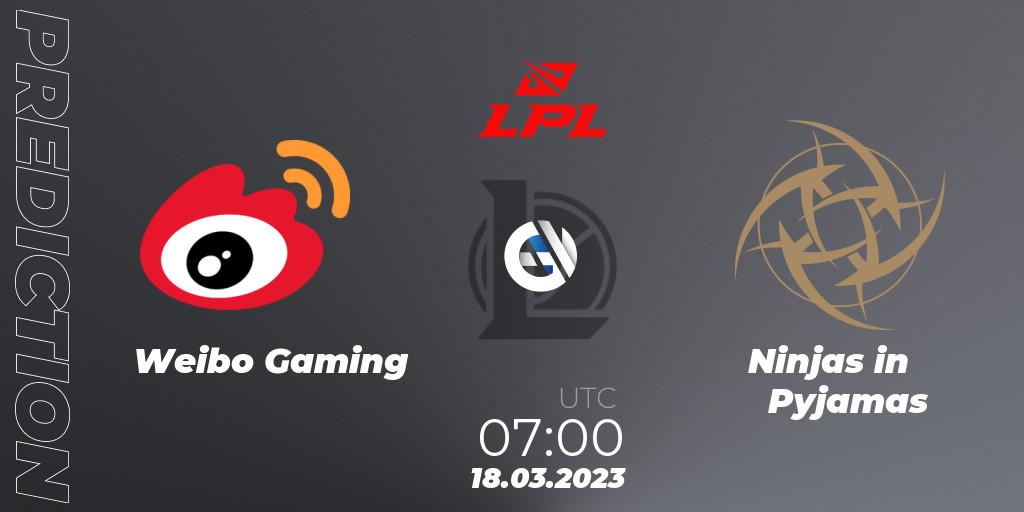 Weibo Gaming - Ninjas in Pyjamas: Maç tahminleri. 18.03.2023 at 07:00, LoL, LPL Spring 2023 - Group Stage