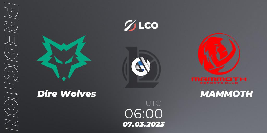 Dire Wolves - MAMMOTH: Maç tahminleri. 07.03.2023 at 06:20, LoL, LCO Split 1 2023 - Group Stage
