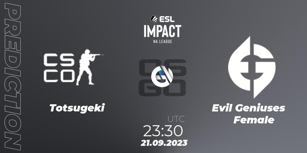 Totsugeki - Evil Geniuses Female: Maç tahminleri. 21.09.2023 at 23:30, Counter-Strike (CS2), ESL Impact League Season 4: North American Division