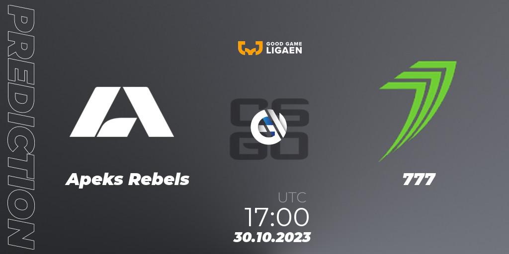 Apeks Rebels - 777: Maç tahminleri. 30.10.2023 at 17:00, Counter-Strike (CS2), Good Game-ligaen Fall 2023: Regular Season