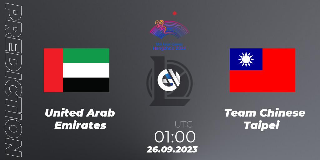United Arab Emirates - Team Chinese Taipei: Maç tahminleri. 26.09.2023 at 01:00, LoL, 2022 Asian Games