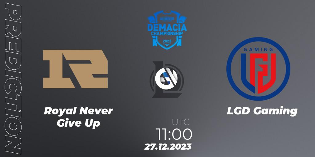 Royal Never Give Up - LGD Gaming: Maç tahminleri. 27.12.2023 at 11:15, LoL, Demacia Cup 2023 Group Stage