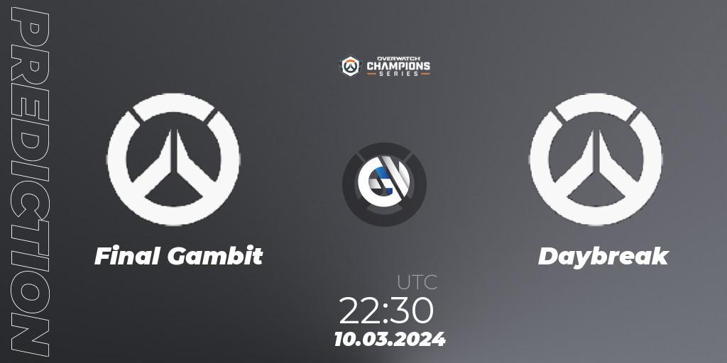 Final Gambit - Daybreak: Maç tahminleri. 10.03.2024 at 22:30, Overwatch, Overwatch Champions Series 2024 - North America Stage 1 Group Stage