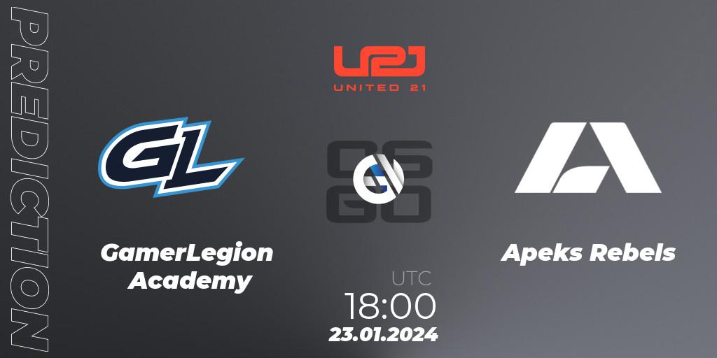 GamerLegion Academy - Apeks Rebels: Maç tahminleri. 23.01.2024 at 18:30, Counter-Strike (CS2), United21 Season 10: Division 2