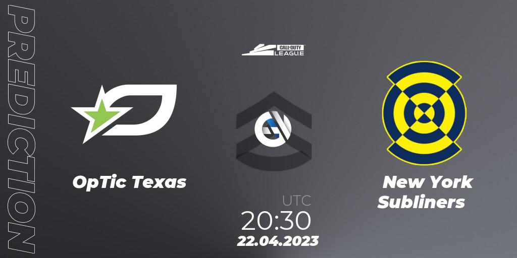 OpTic Texas - New York Subliners: Maç tahminleri. 22.04.2023 at 20:30, Call of Duty, Call of Duty League 2023: Stage 4 Major