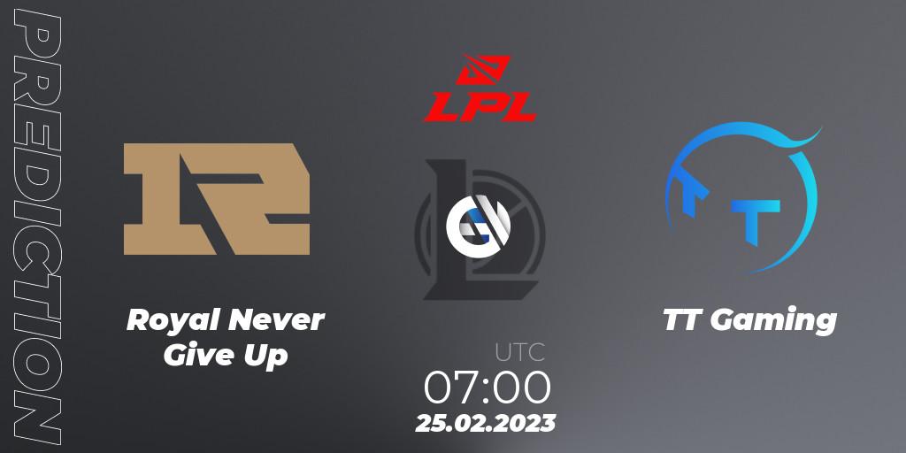 Royal Never Give Up - TT Gaming: Maç tahminleri. 25.02.2023 at 07:00, LoL, LPL Spring 2023 - Group Stage