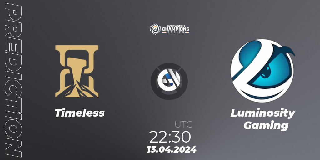 Timeless - Luminosity Gaming: Maç tahminleri. 13.04.2024 at 22:30, Overwatch, Overwatch Champions Series 2024 - North America Stage 2 Group Stage
