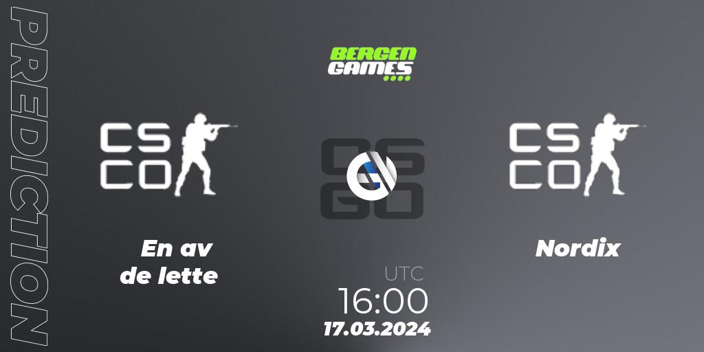 En av de lette - Nordix Esport: Maç tahminleri. 17.03.2024 at 16:00, Counter-Strike (CS2), Bergen Games 2024