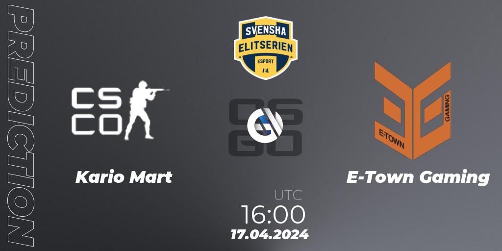 Kario Mart - E-Town Gaming: Maç tahminleri. 17.04.2024 at 16:10, Counter-Strike (CS2), Svenska Elitserien Spring 2024