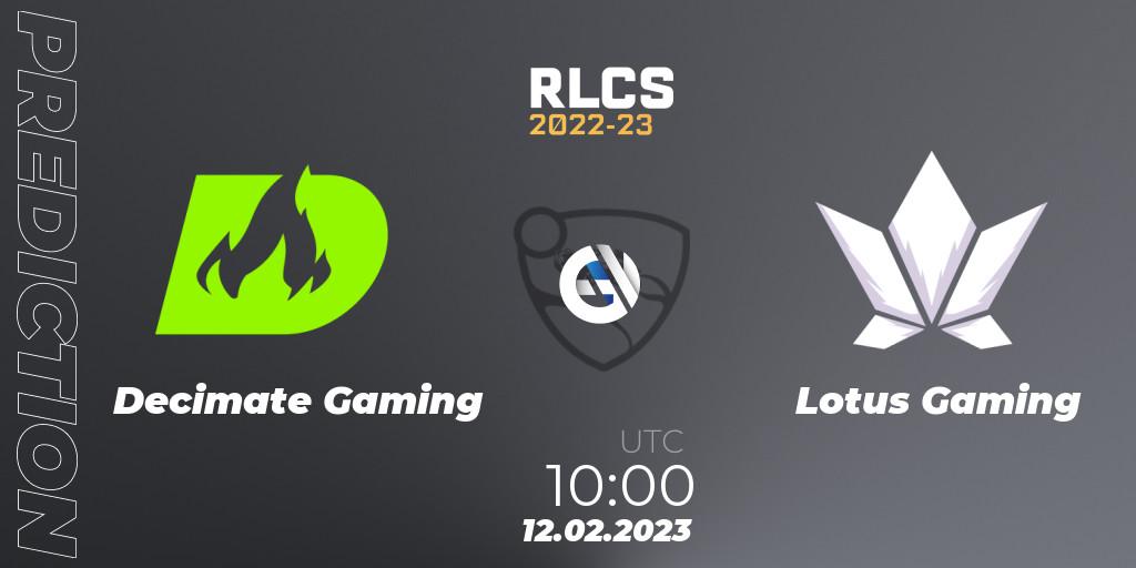 Decimate Gaming - Lotus Gaming: Maç tahminleri. 12.02.2023 at 11:00, Rocket League, RLCS 2022-23 - Winter: Asia-Pacific Regional 2 - Winter Cup