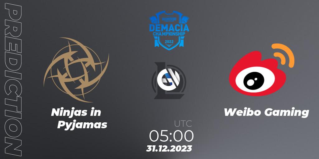 Ninjas in Pyjamas - Weibo Gaming: Maç tahminleri. 31.12.2023 at 05:00, LoL, Demacia Cup 2023 Playoffs