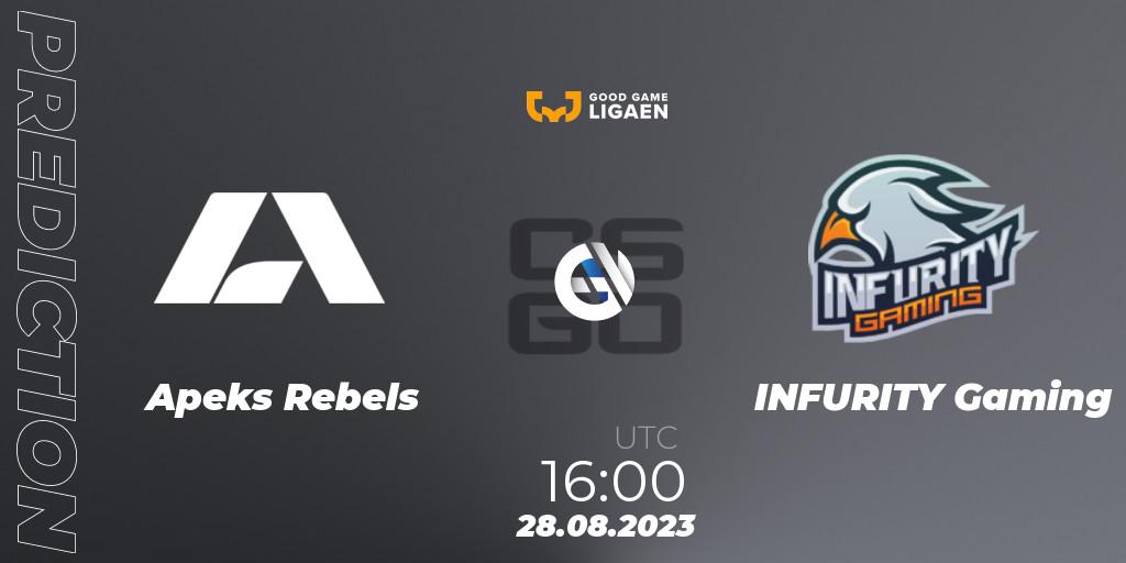 Apeks Rebels - INFURITY Gaming: Maç tahminleri. 28.08.2023 at 16:00, Counter-Strike (CS2), Good Game-ligaen Fall 2023: Regular Season
