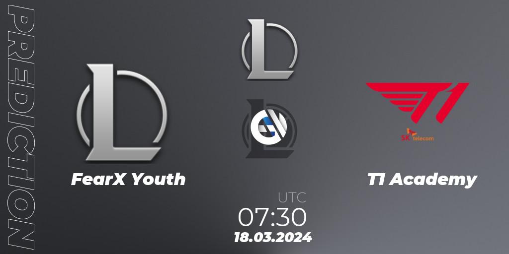 FearX Youth - T1 Academy: Maç tahminleri. 18.03.2024 at 07:30, LoL, LCK Challengers League 2024 Spring - Group Stage