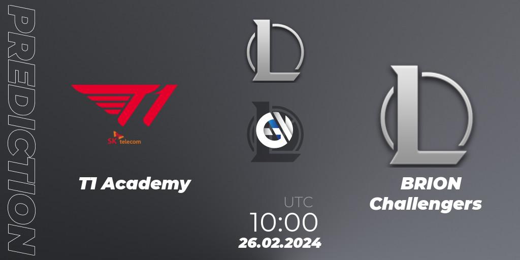 T1 Academy - BRION Challengers: Maç tahminleri. 26.02.2024 at 10:00, LoL, LCK Challengers League 2024 Spring - Group Stage
