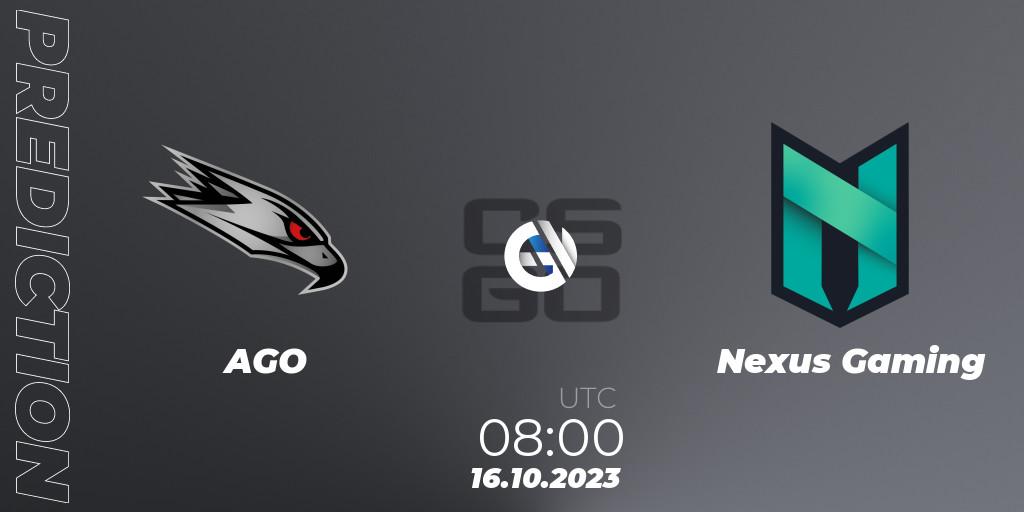AGO - Nexus Gaming: Maç tahminleri. 16.10.2023 at 09:00, Counter-Strike (CS2), European Pro League Season 11: Division 2