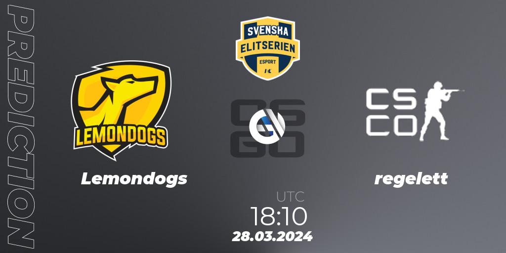 Lemondogs - regelett: Maç tahminleri. 28.03.2024 at 18:10, Counter-Strike (CS2), Svenska Elitserien Spring 2024