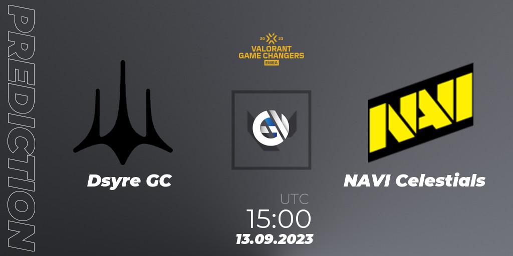 Dsyre GC - NAVI Celestials: Maç tahminleri. 13.09.2023 at 15:00, VALORANT, VCT 2023: Game Changers EMEA Stage 3 - Group Stage
