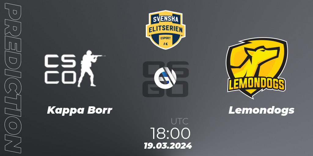Kappa Borr - Lemondogs: Maç tahminleri. 19.03.2024 at 18:00, Counter-Strike (CS2), Svenska Elitserien Spring 2024