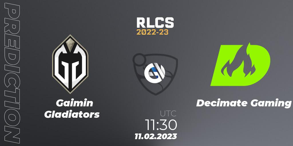 Gaimin Gladiators - Decimate Gaming: Maç tahminleri. 11.02.2023 at 11:30, Rocket League, RLCS 2022-23 - Winter: Asia-Pacific Regional 2 - Winter Cup