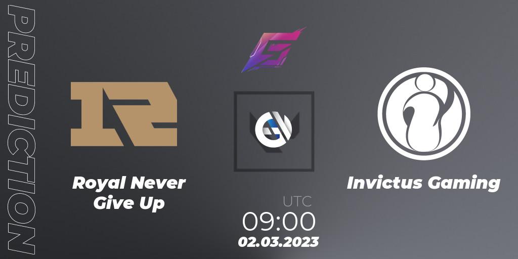 Royal Never Give Up - Invictus Gaming: Maç tahminleri. 02.03.2023 at 09:00, VALORANT, FGC Valorant Invitational 2023: Act 1 - Open Qualifier